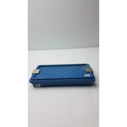 Blue plastic instrument set case container sterilization storage tray with metal latches and perforated grid design
