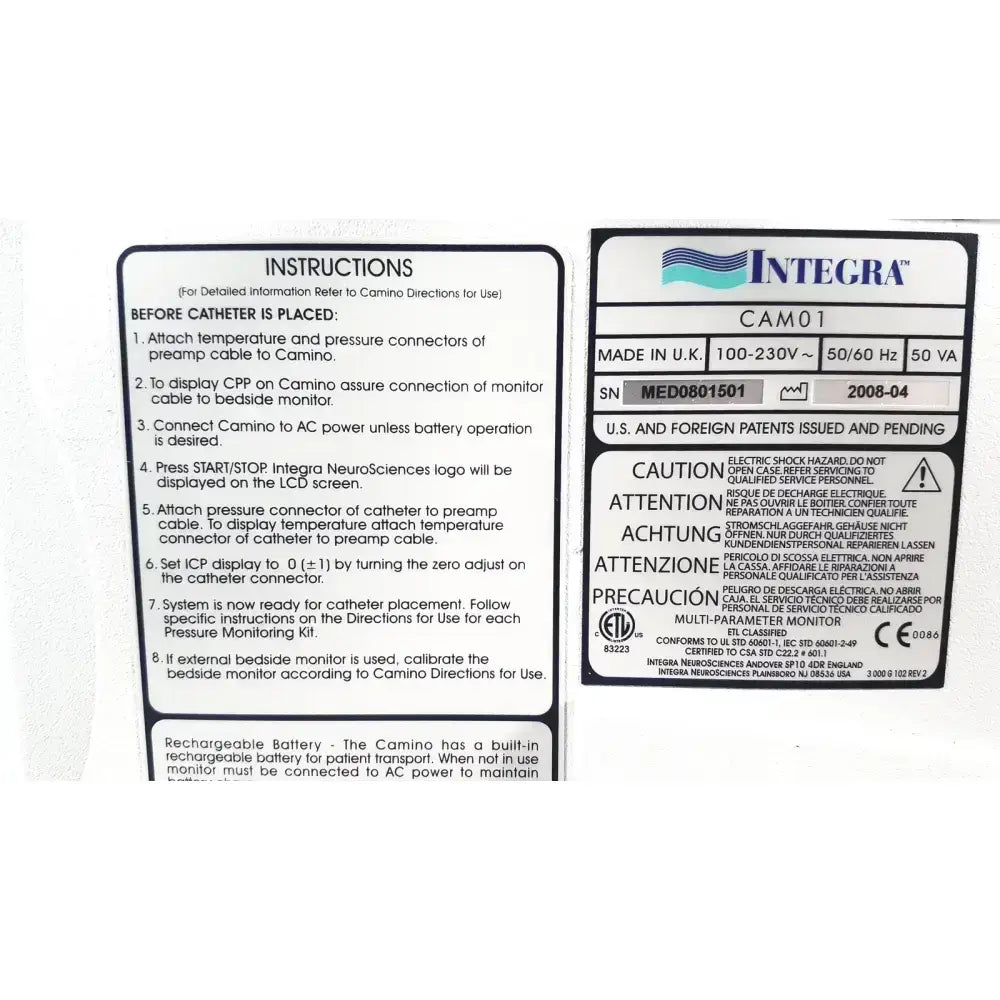 Integra Lifesciences Camino CAM01 Patient Monitor Patient Monitor, second-hand product photo 4