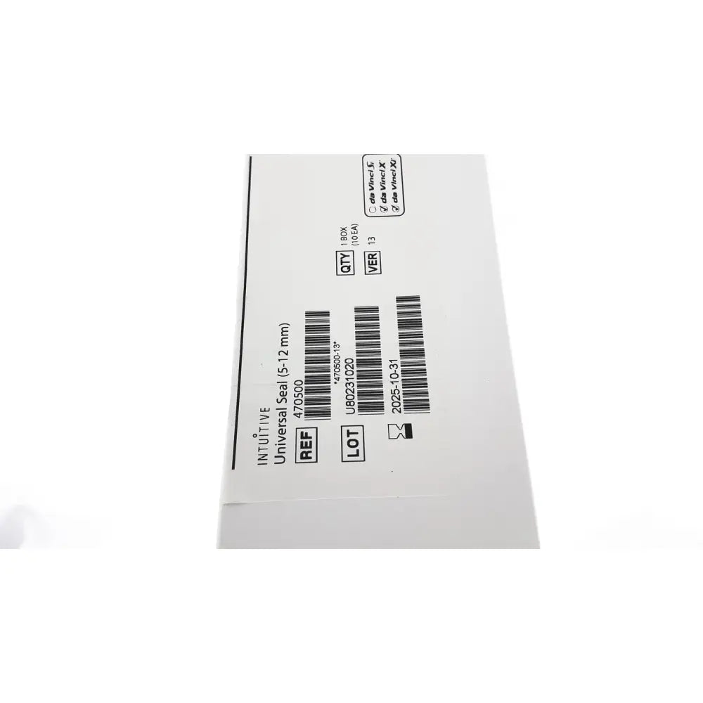 White paper label for intuitive da vinci xi universal seal 5-12mm with black text and barcodes