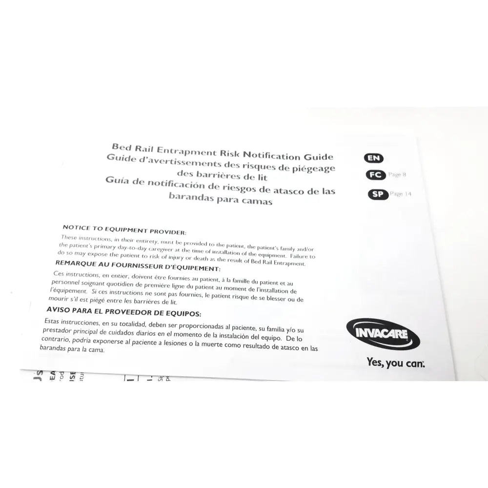White paper guide on invacare alternating pressure pump cg9701 bed rail entrapment risk with english french spanish headings
