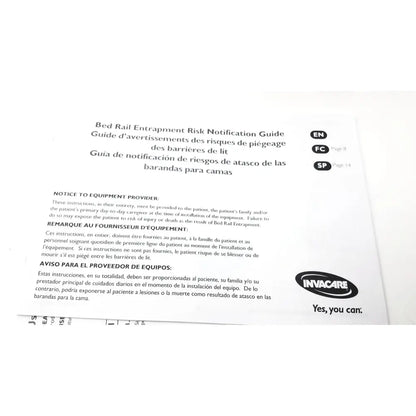White paper guide on invacare alternating pressure pump cg9701 bed rail entrapment risk with english french spanish headings