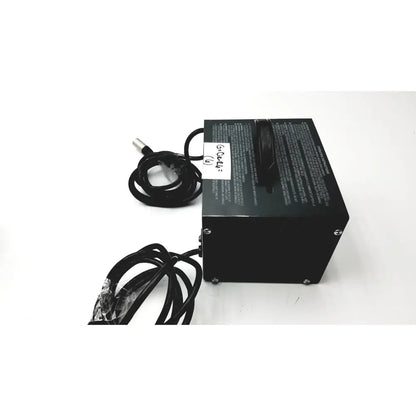 Black rectangular invacare wheelchair 24 volt automatic battery charger with coiled cables and white side label
