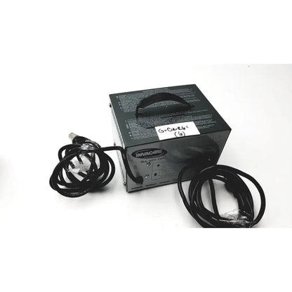 Black invacare wheelchair 24 volt automatic battery charger with coiled power cords and top handle serial no 460300646