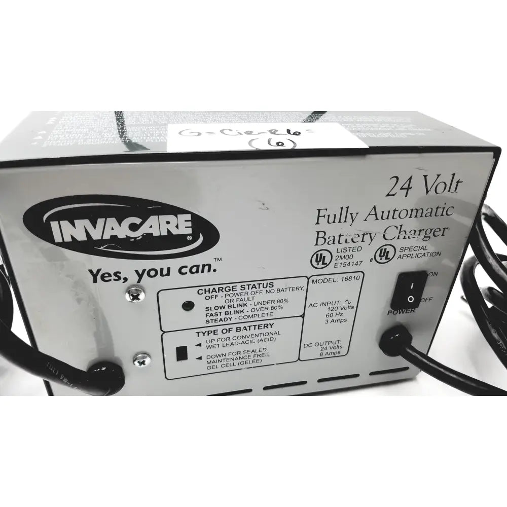 Silver-colored invacare 24 volt fully automatic battery charger model 16810 for invacare wheelchair use