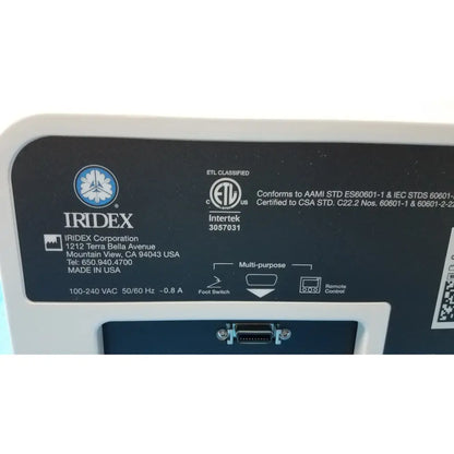 White plastic iridex cyclo g6 ophthalmic laser console multi-purpose device with black label and certification logos