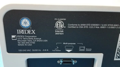 White plastic iridex cyclo g6 ophthalmic laser console multi-purpose device with black label and certification logos