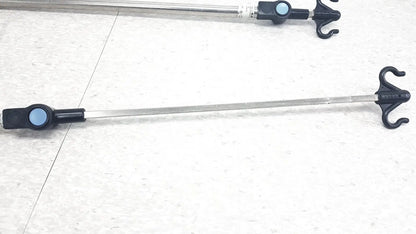 Silver metal iv pole bed rail with black plastic hooks and blue accents compatible with hillrom p2217a reuse medical