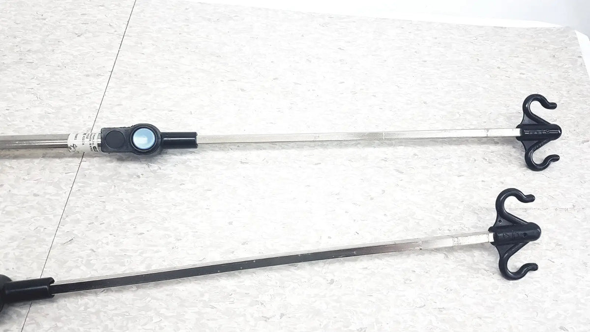 Black and silver iv pole with curved hooks compatible with hillrom p2217a for reuse medical applications