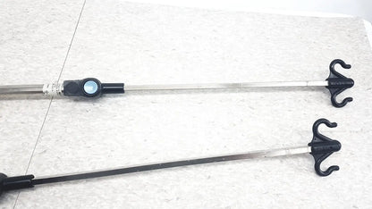 Black and silver iv pole with curved hooks compatible with hillrom p2217a for reuse medical applications