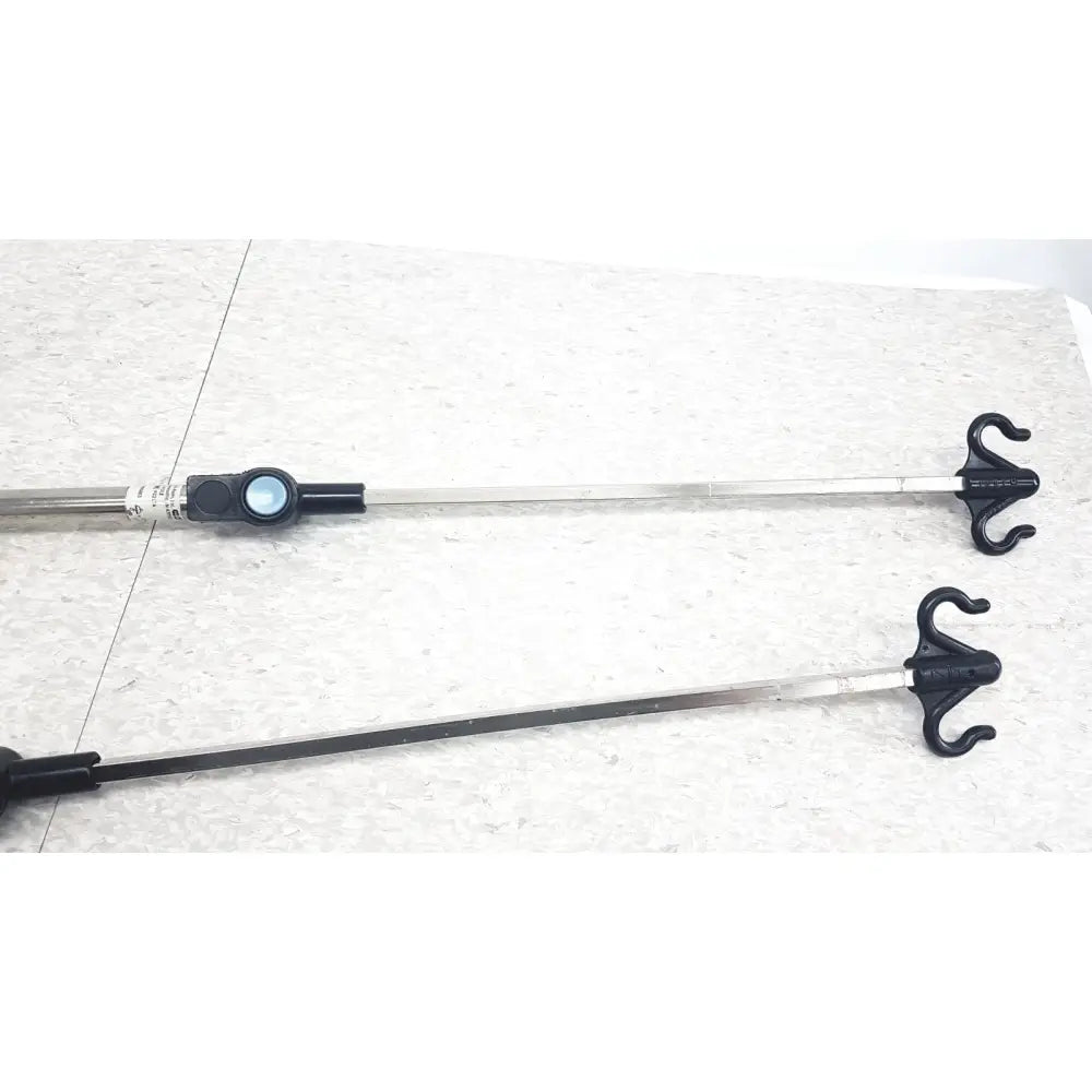 Black and silver iv pole with curved hooks compatible with hillrom p2217a for reuse medical applications