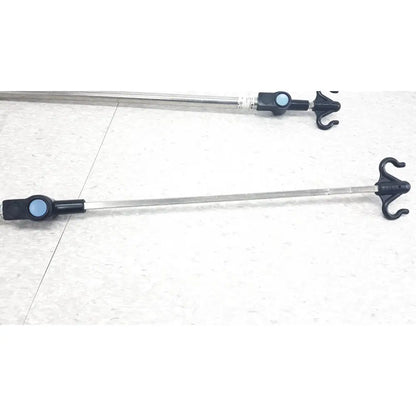 Silver metal iv pole bed rail with black plastic hooks and blue accents compatible with hillrom p2217a reuse medical