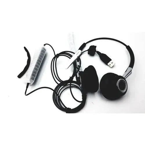 Black over-ear jaabra headband headset hsc021 with silver accents and coiled usb cable for professional use