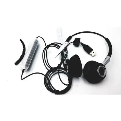 Black over-ear jaabra headband headset hsc021 with silver accents and coiled usb cable for professional use