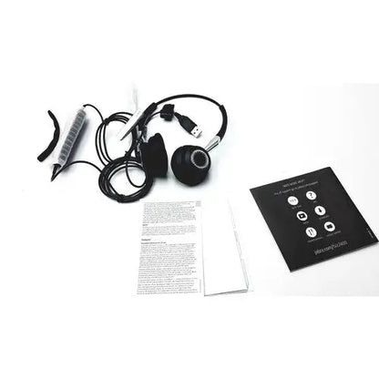 Black over-ear jaabra headband headset hsc021 with coiled cable usb connector and silver-accented earcups
