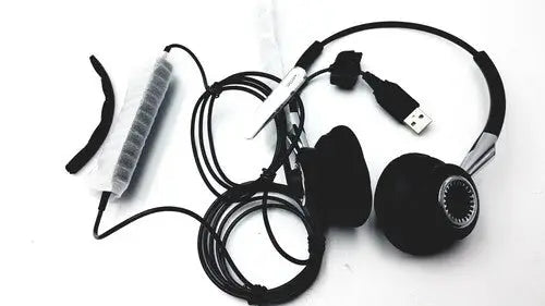 Black over-ear jaabra headband headset hsc021 with silver accents and coiled usb cable for professional use