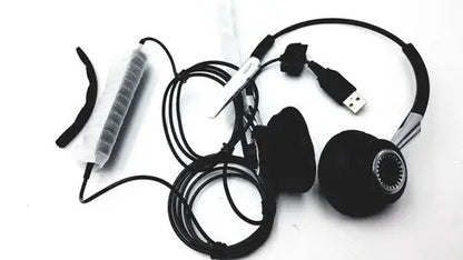 Black over-ear jaabra headband headset hsc021 with silver accents and coiled usb cable for professional use
