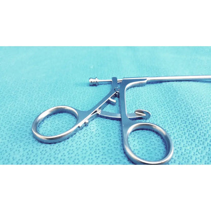 Jarit 600-400 stainless steel laparoscopiic clamp with silver long slender handle and two circular finger loops steel laparoscopiic clamp