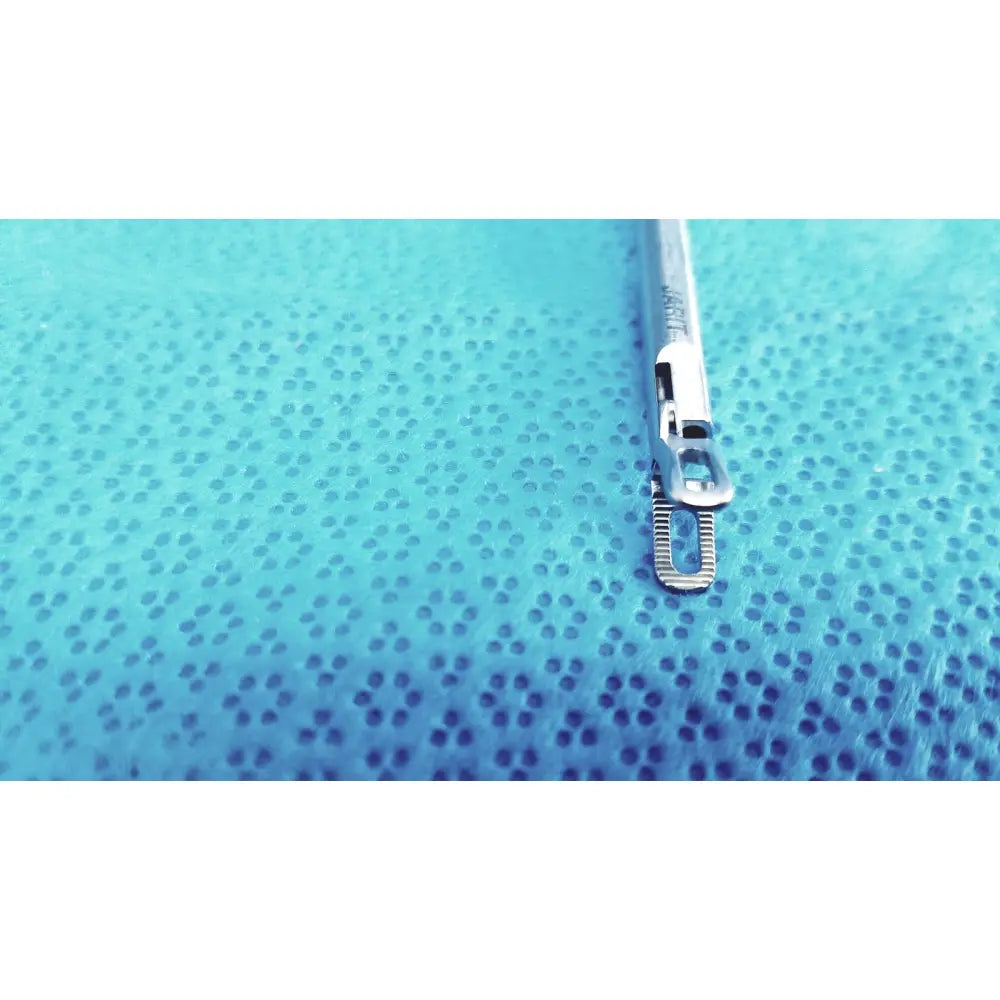 Jarit 600-400 stainless steel laparoscopiic clamp with silver textured serrated tip and sleek metallic handle