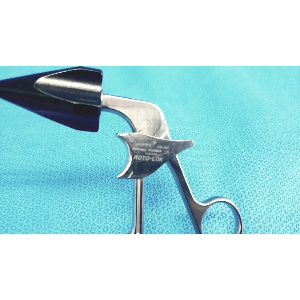Silver stainless steel roto-lok surgical instrument with black tapered tip and engraved roto-lok branding jarit 610-140