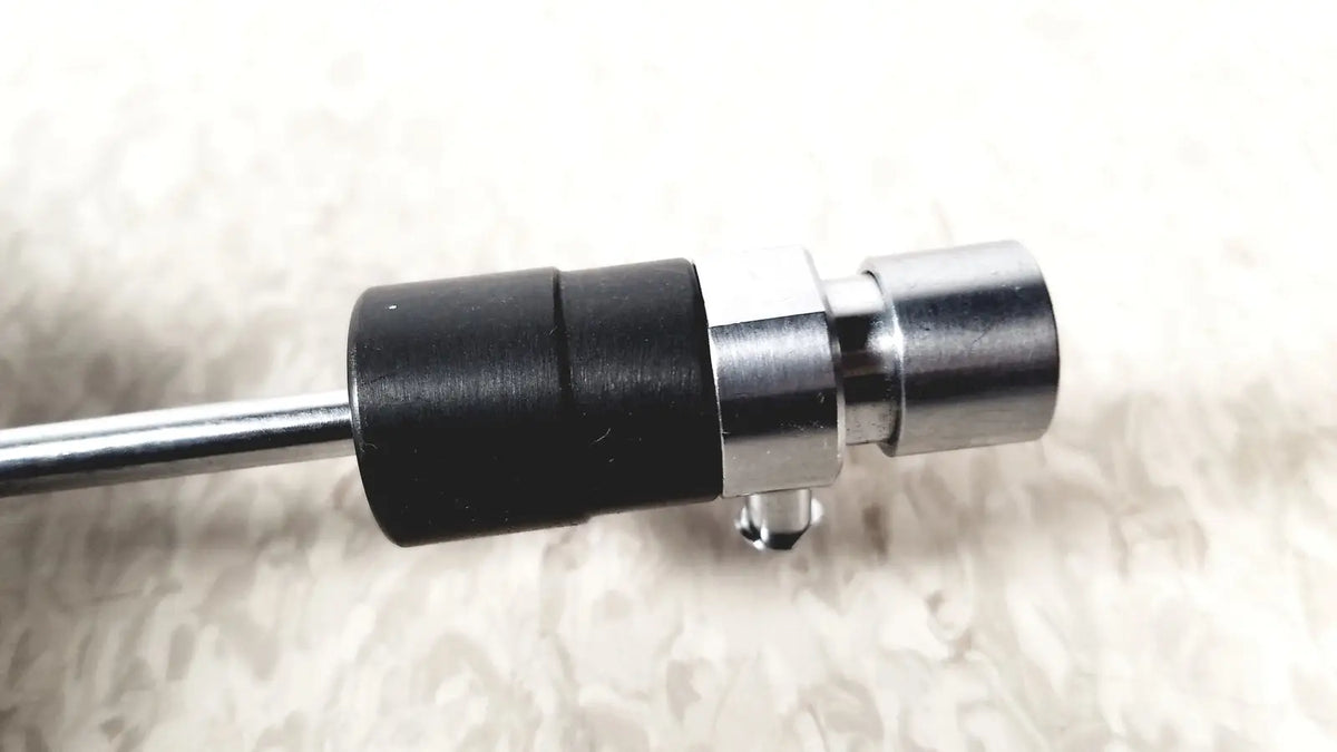 Black and silver metal optical stylet sheath with cylindrical handle for medical use storz 10326f adult model