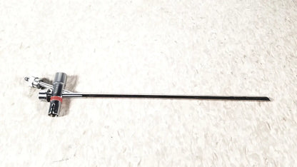 Black and silver storz 10338c surgical bronchoscope sheath with slender elongated shaft and articulated control handles