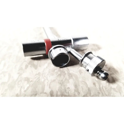 Silver-colored metal xlr audio connectors with red band and threaded locking on the back of karl storz 10338c surgical bronchoscope sheath