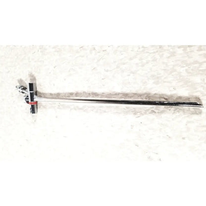 Silver-colored metal storz 10338c surgical bronchoscope scope sheath with long slender shaft and t-shaped handle with red accents