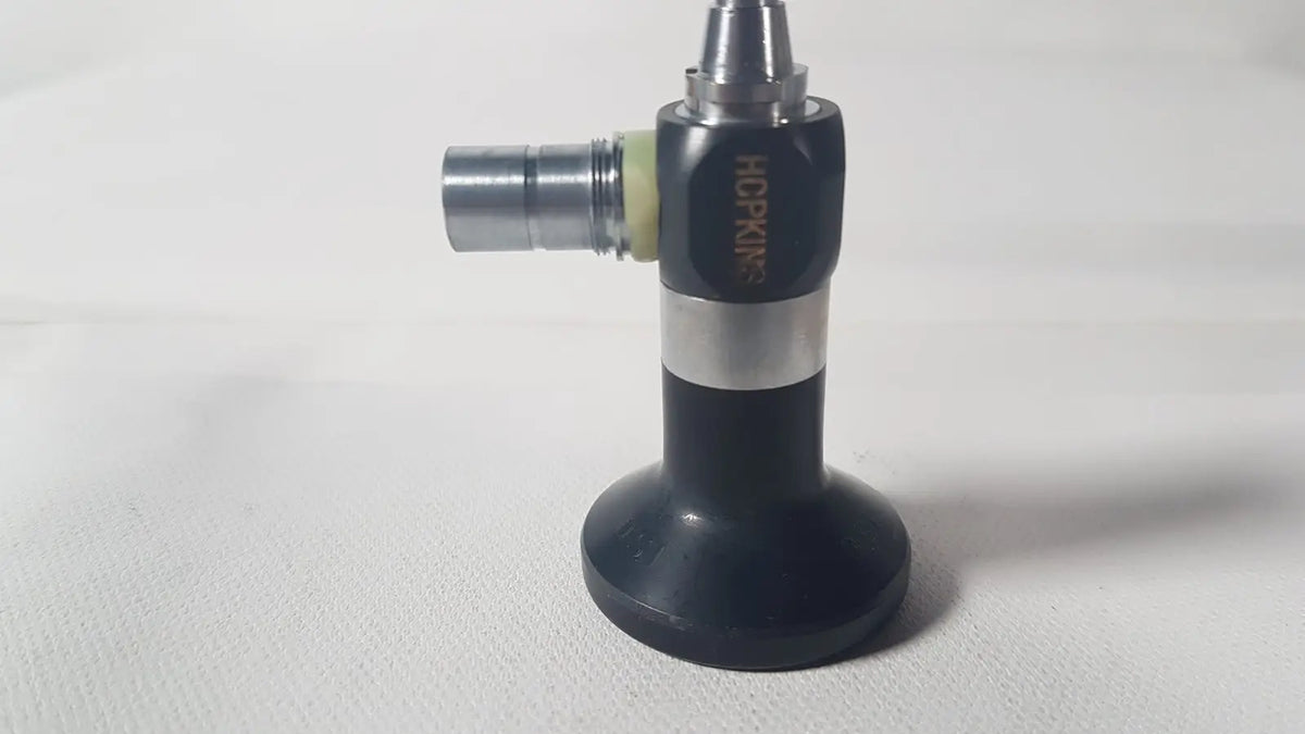 Black and silver karl storz 27020 c hopkins 70 degree cystoscope with metallic tip and textured grip for reuse medical use