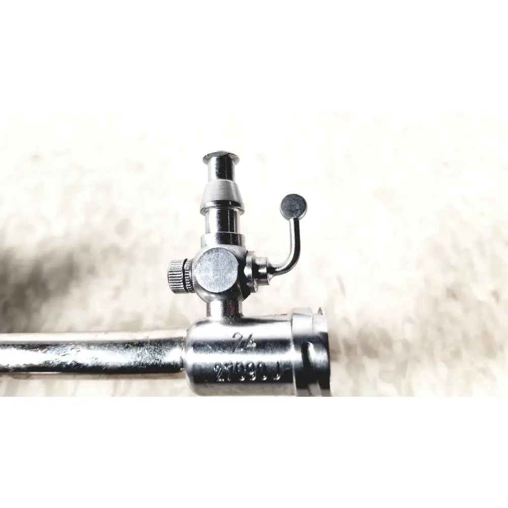 Silver metallic gas valve with knurled adjustment knob and curved lever handle for karl storz 27090j endoscope obturator