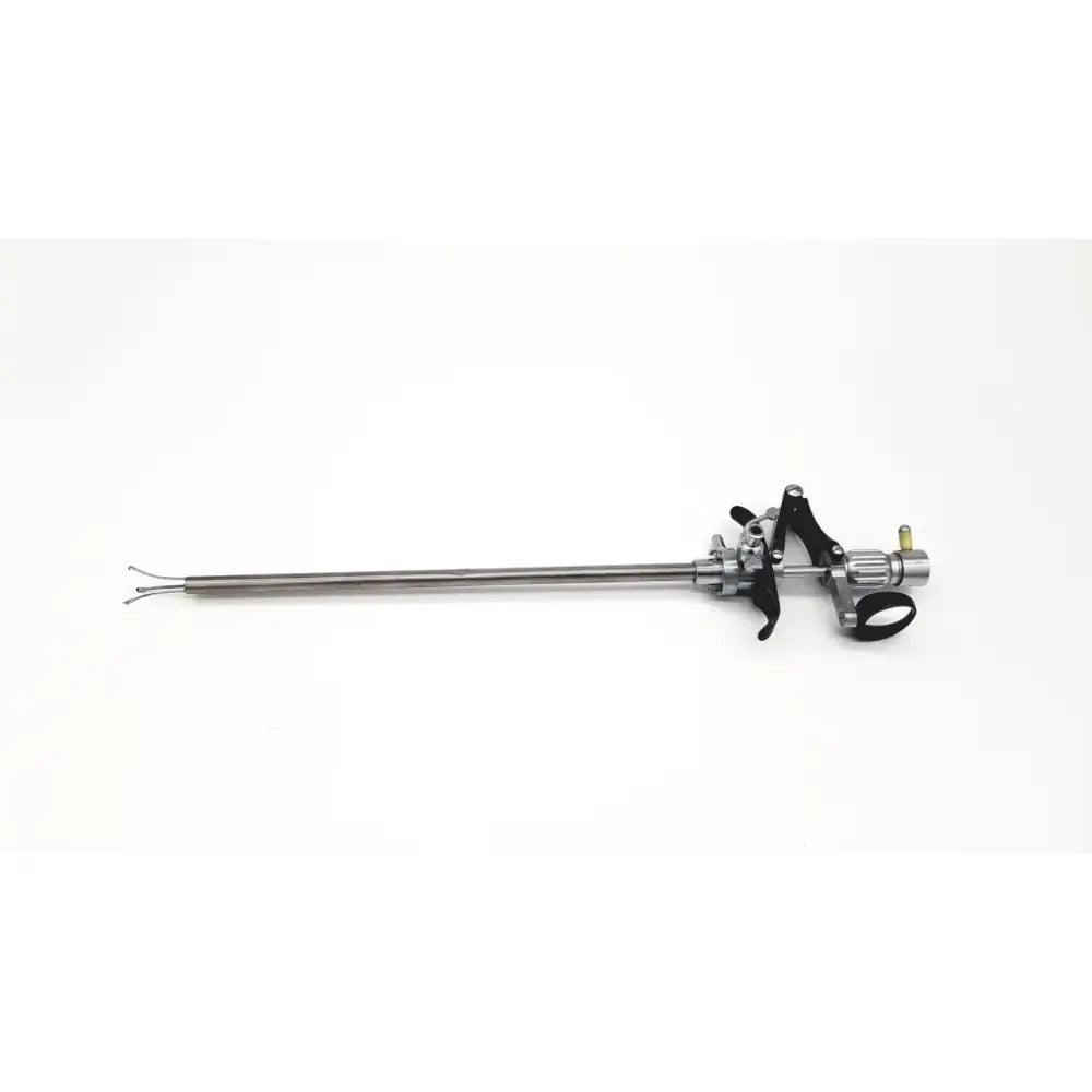 Silver storz 27094p optical kidney stone grasper with long slender metallic shaft and black ergonomic handles
