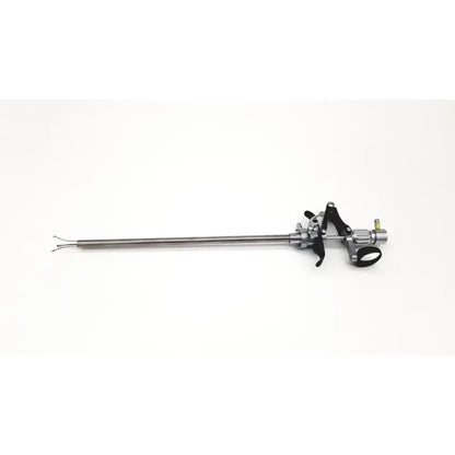 Silver storz 27094p optical kidney stone grasper with long slender metallic shaft and black ergonomic handles