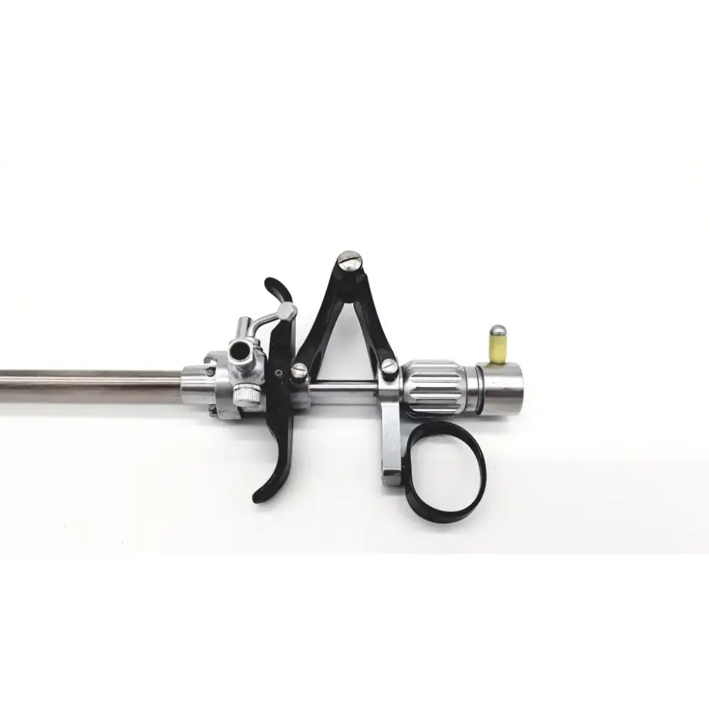 Silver and black storz 27094p optical kidney stone grasper with textured grip metallic shaft and adjustable components