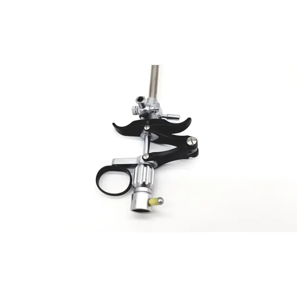 Black and silver karl storz 27094p optical kidney stone grasper with curved handle and adjustable clamping mechanism