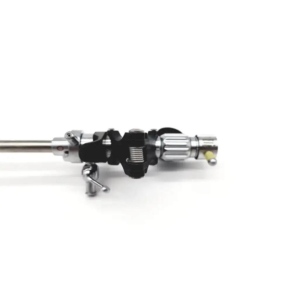 Silver and black drum stand clamp with textured grip handle for Karl Storz 27094P optical kidney stone grasper