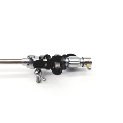 Silver and black drum stand clamp with textured grip handle for Karl Storz 27094P optical kidney stone grasper