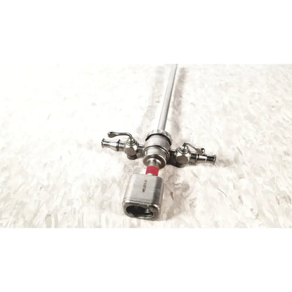 Silver karl storz diagnostic arthro sheath with long slender shaft and three metallic handles for surgical use