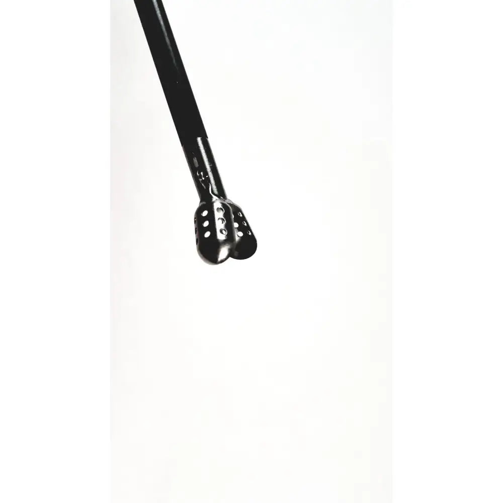 Black metal Karl Storz clickline handle with perforated dual-pronged tip for reusable medical laparoscopic instruments