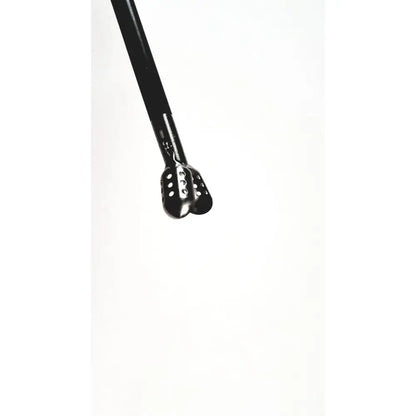Black metal Karl Storz clickline handle with perforated dual-pronged tip for reusable medical laparoscopic instruments