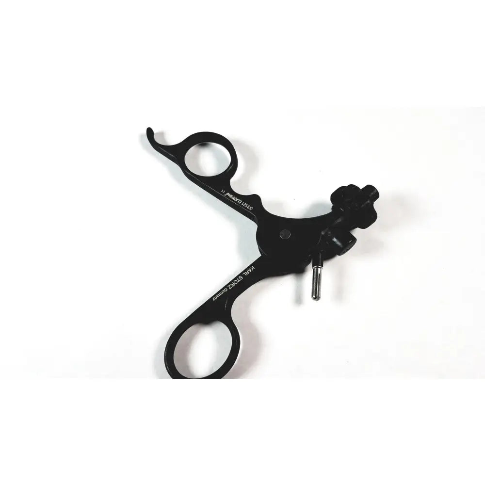Black metal endoscopic surgical instrument with karl storz clickline plastic handle and central adjustment mechanism