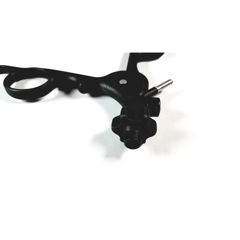 Black surgical retractor with metallic adjustment screw and textured grip handles featuring karl storz clickline plastic handle