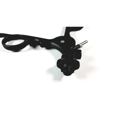 Black surgical retractor with metallic adjustment screw and textured grip handles featuring karl storz clickline plastic handle