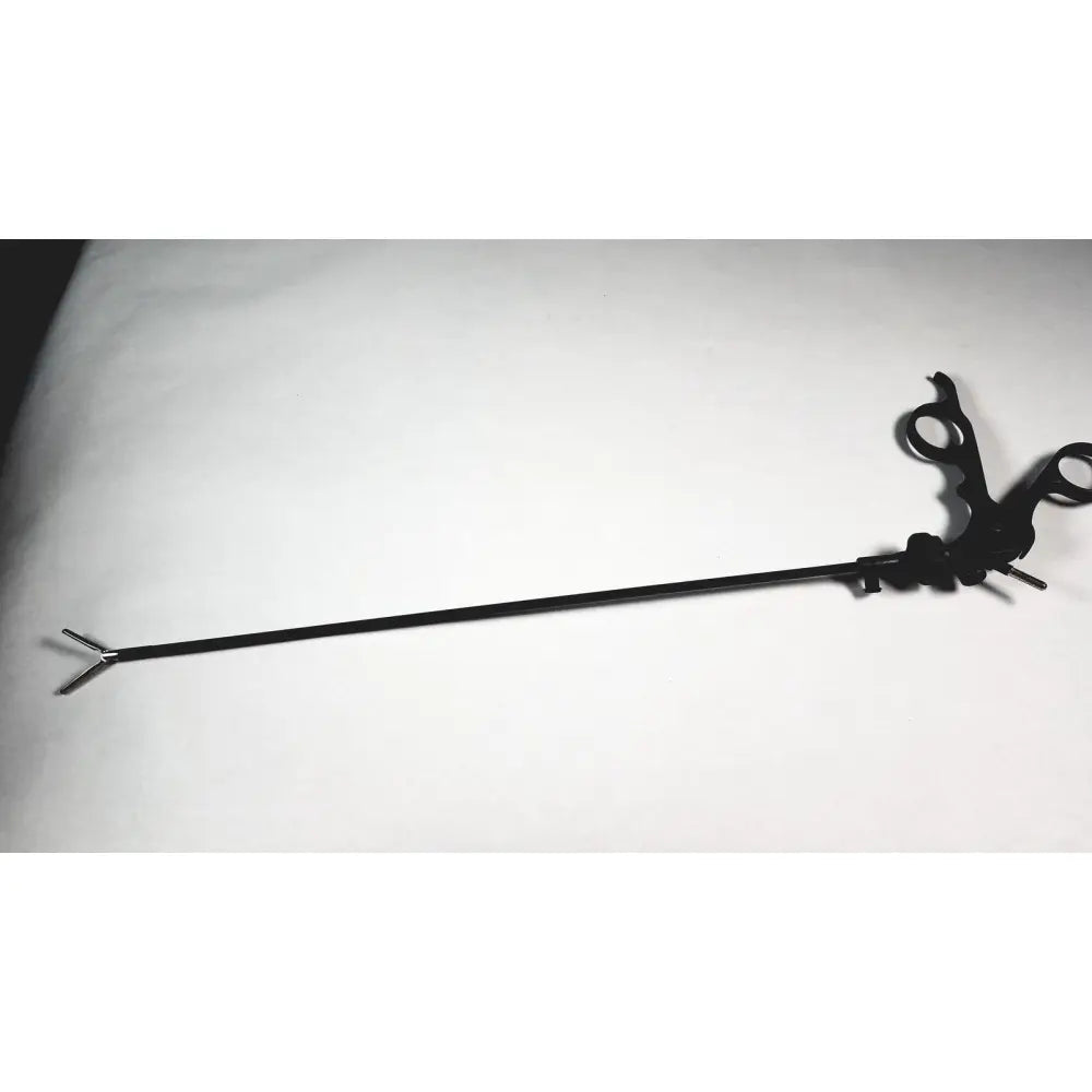 Black karl storz endoscopy handle with long shaft and curved looped handles for precise surgical medical equipment use
