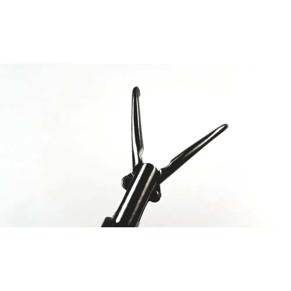 Black metal karl storz surgical handle with serrated tips for precise grip in endoscopy instrument applications