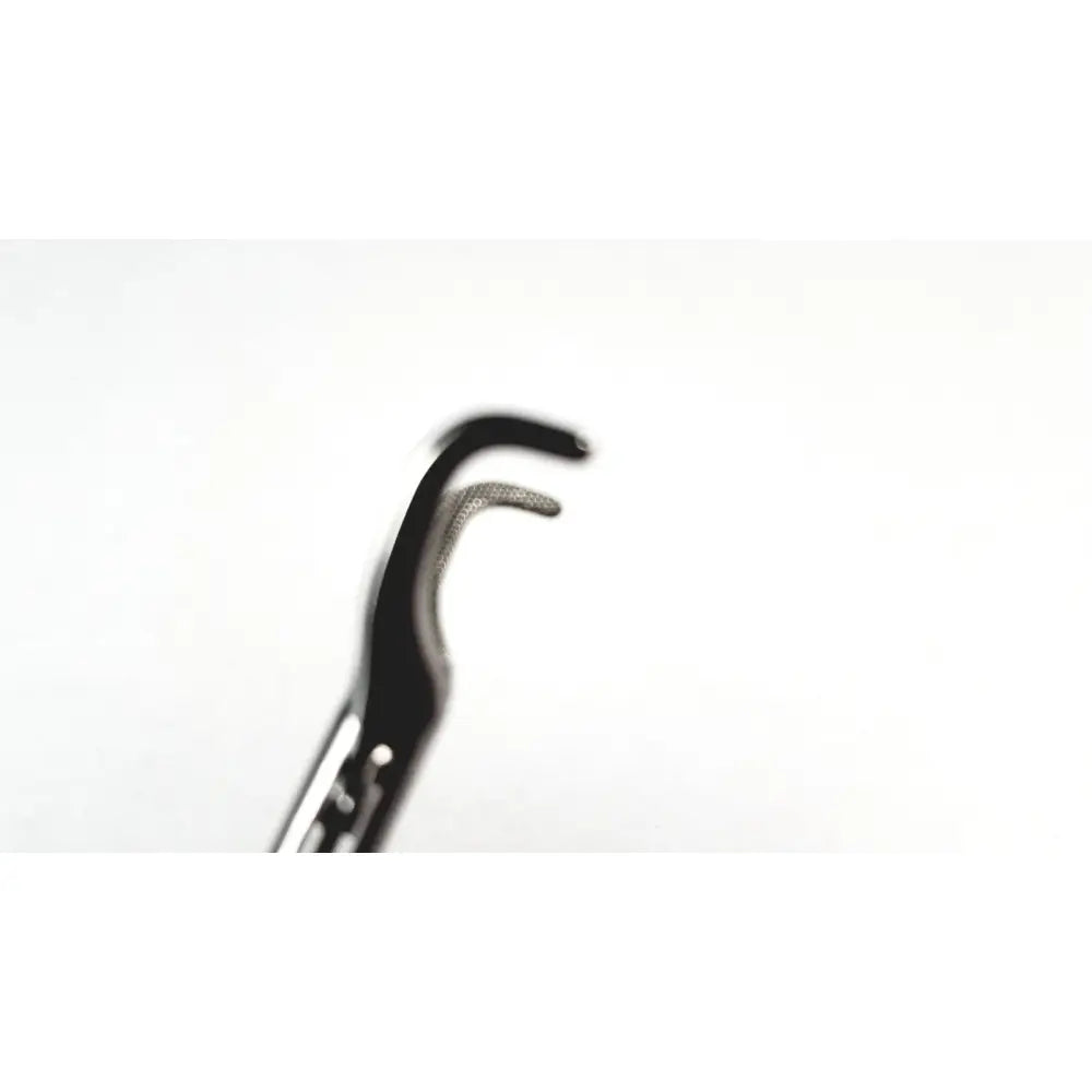 Black and silver karl storz surgical handle with curved serrated tip designed for reuse medical endoscopy use