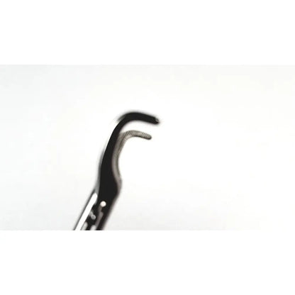 Black and silver karl storz surgical handle with curved serrated tip designed for reuse medical endoscopy use