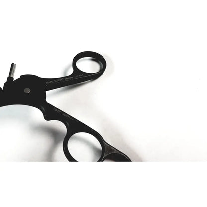 Black karl storz surgical handle with ergonomic grips and metallic cutting blade for reuse medical endoscopy procedures