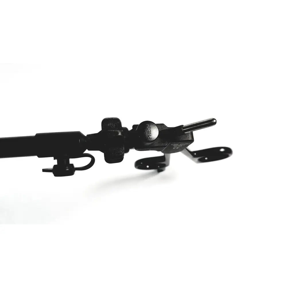 Black metal camera tripod head with adjustable locking knobs and central threaded rod for karl storz monopolar surgical handle