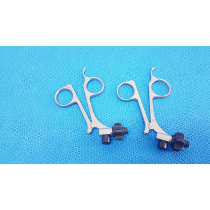 Silver Karl Storz laparoscopic surgical forceps with black plastic clickline handle adjustment knobs lot of 2