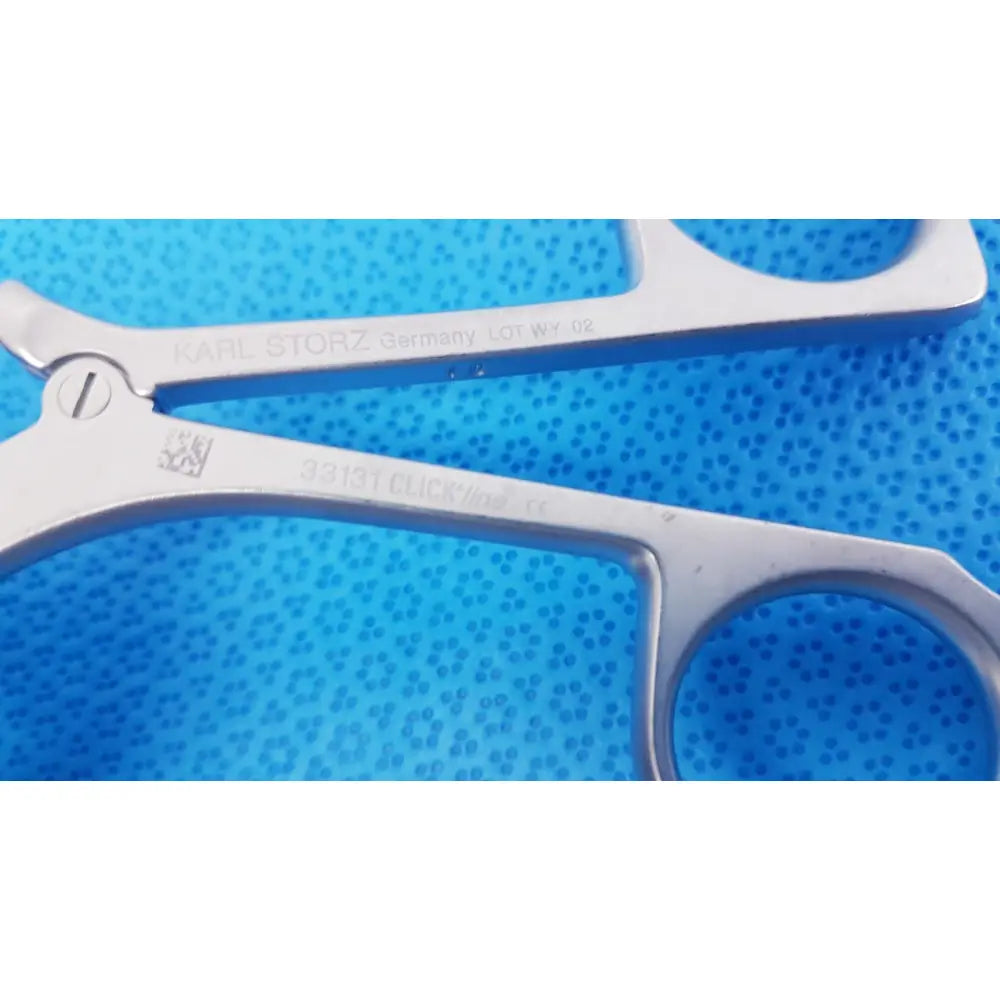Silver laparoscopic surgical scissors with ergonomic karl storz clickline handle engraved branding germany lot of 2