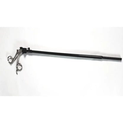 Black-handled Karl Storz clickline handle with metallic articulated jaws and a long shaft laparoscopic surgical tool